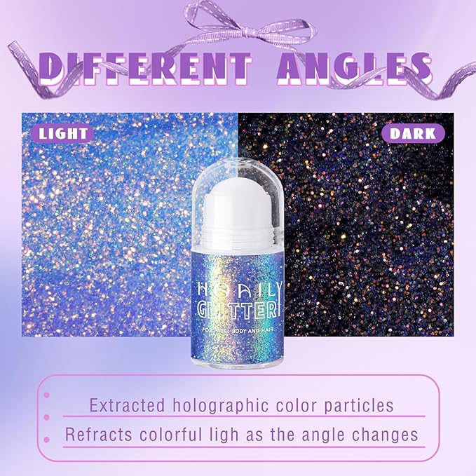 HOSAILY Roll-on Holographic Blue Body Glitter Gel for Face Hair, Chameleon Color Changing Face Paint Glitter Gel Mermaid Makeup, Chunky Sequins Festival Party Rave Accessories Shimmer Makeup