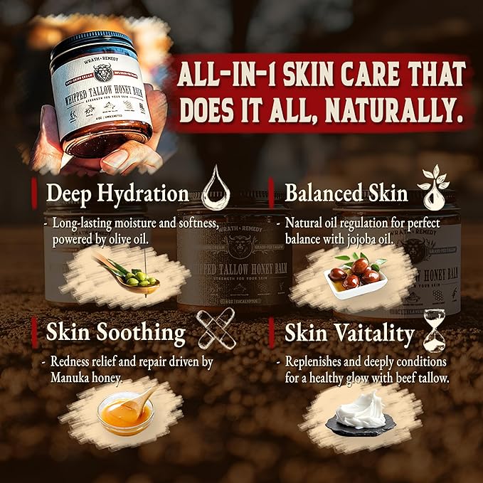 Organic Beef Tallow for Skin - 4 OZ (Unscented) — US-Made Grass Fed Beef Tallow for Face + Body — Whipped Tallow and Honey Balm Moisturizer for Dry and Sensitive Skin, Eczema, Rosacea (No Additives)