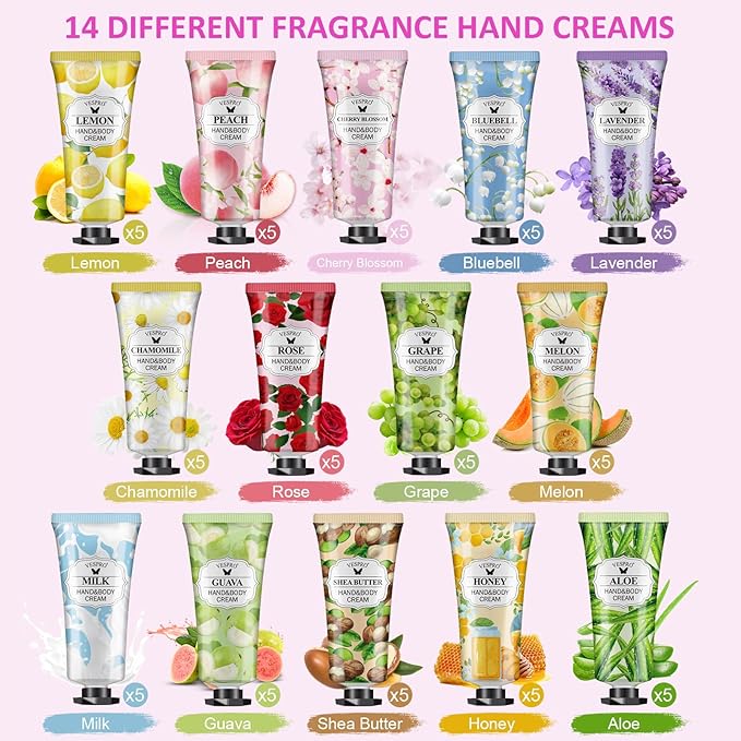 VESPRO 70 Pack Hand Cream Set, Mothers Day Gifts, Bulk Hand Lotion Travel Size for Dry Cracked Hands, Mini Hand Lotion for Bridal Shower Gifts and Teacher Appreciation Gifts and Nurses Week Gifts