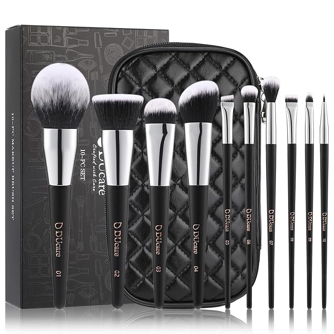 DUcare Travel Makeup Brushes with Case 10Pcs Makeup Brush set Premium Synthetic Kabuki Foundation Blending Brush Face Powder Blush Concealers Eye Shadows with bag