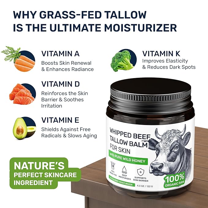 Beef Tallow for Skin - Grass Fed Whipped Tallow and Honey Balm for Face, 3-Ingredient Fragrance Free Beef Tallow for Face and Body with Beeswax - Moisturizer for Dry Sensitive Skin, 4.3 oz