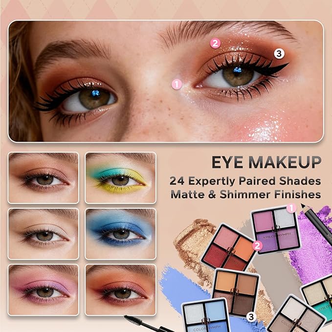 Color Nymph Beginner Makeup Kits For Teens With Train Case Included Full Makeup Kit Eyeshadow Palette Blushes Bronzer Highlighter Lipstick Brushes Mirror（Gold）