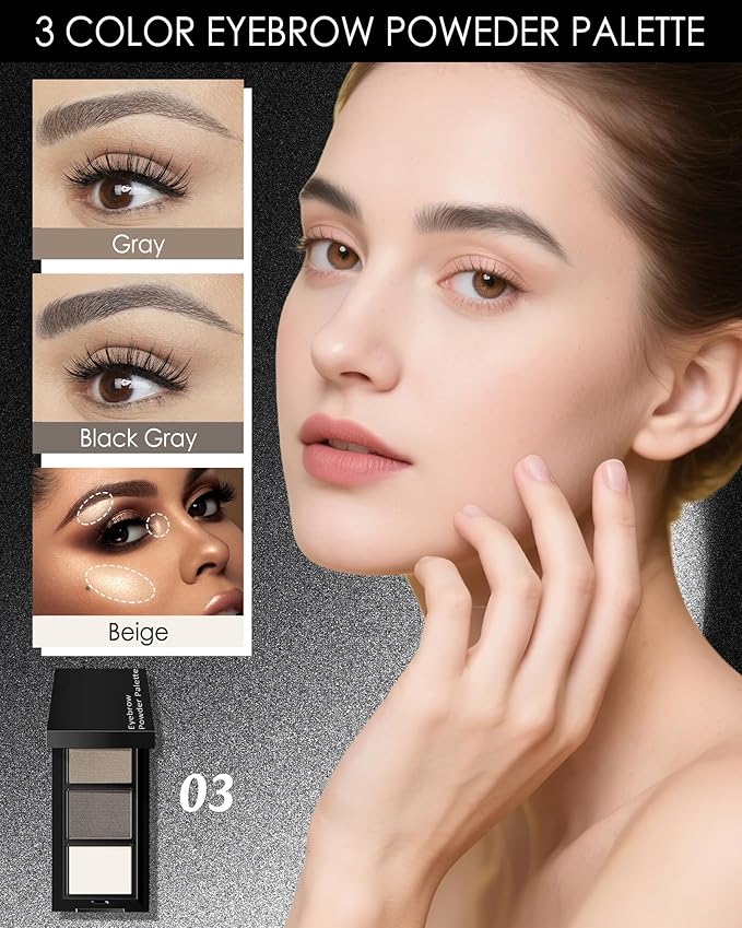 3 Color Eyebrow Powder Palette Kit, Black Gray Brown & Beige Eye Brow Powder for Women, Long-Lasting Waterproof Tinted Brow Filler, With Mirror & Eyebrows Brush Makeup Set, Defined Natural Brows-B03