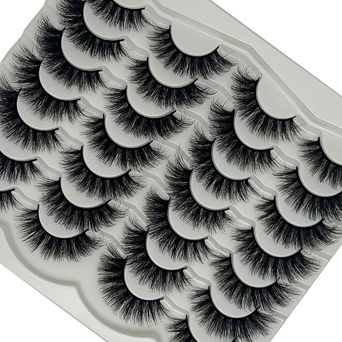Mink Lashes Wispy Fluffy Cat Eye Strip Lashes Pack 3D Faux Mink Fake Eyelashes C Curl Long Volume Lash Strps Cateye False Eyelashes Natural Look