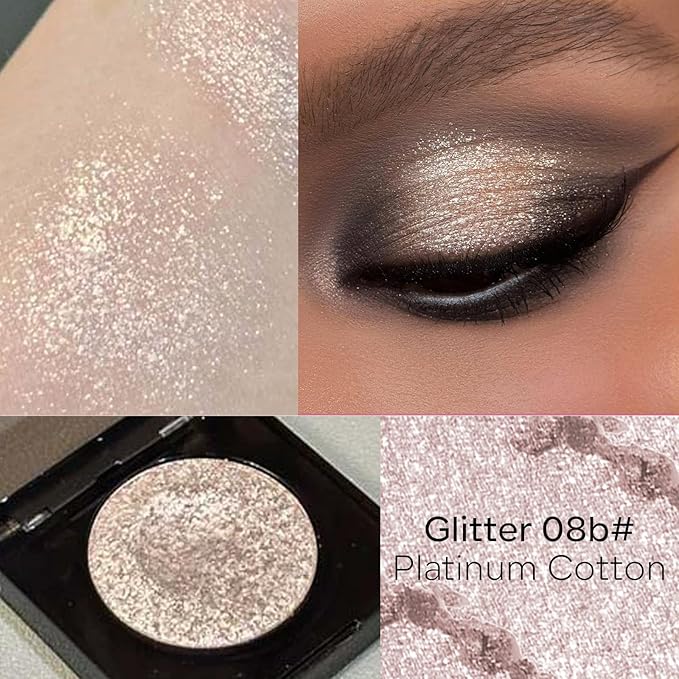 KYDA Glitter Eyeshadow Single, Sparkling Silver Platinum Eyeshadow, Lasting Shimmer Pearl Eyes Shadow, Soft Blendable Formula, High Pigment Eyes Glitter Makeup, Wet Look Effect, Platinum Cotton