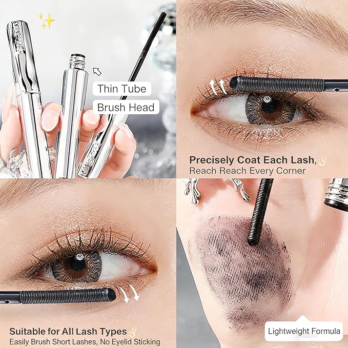 2Pcs Iron Wand Mascara, Telescopic Metal Tubing Mascara Natural Length Volume Slim Steel Tube Eyelash Primer Ultra Fine Lengthening & Curling Smudge-Proof Mascara (Black)