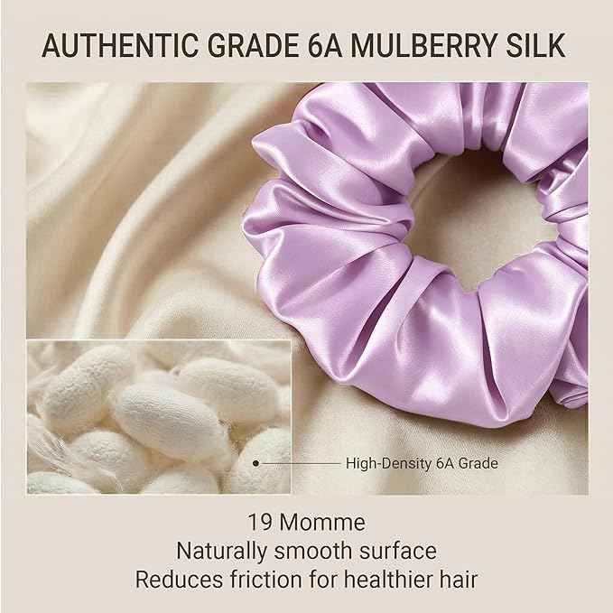 ZLYC 100% Mulberry Silk Hair Tie Scrunchie 19 Momme Gentle Creaseless Dent-Free Ponytail Holder for Women, 6cm Solid Light Purple