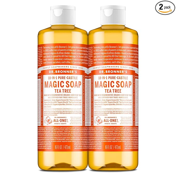 Dr. Bronner's Pure-Castile Magic Soap Liquid (Tea Tree, 16 Ounce, 2-Pack)-Made with Regenerative Organic Certified Oils, 18-in1 Uses: Face, Hair, Hand & Body Soap, Laundry- Concentrated, Vegan