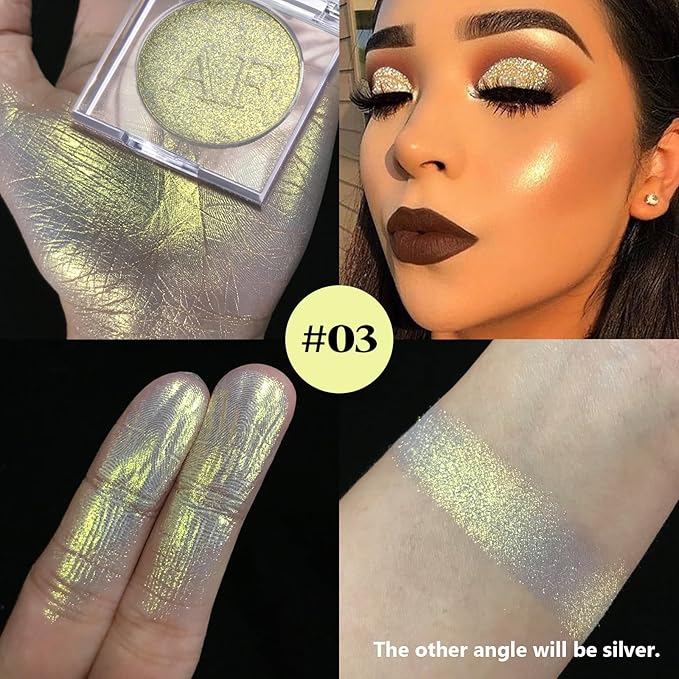 Highlighter Makeup Contour Palette, Gold Silver Duochrome iluminadores de maquillaje Metallic Cheek Highlighter Luminizer, Lightweight Shimmer Smooth Baked Powder Sparkly Glow Highlighting, Vegan #03
