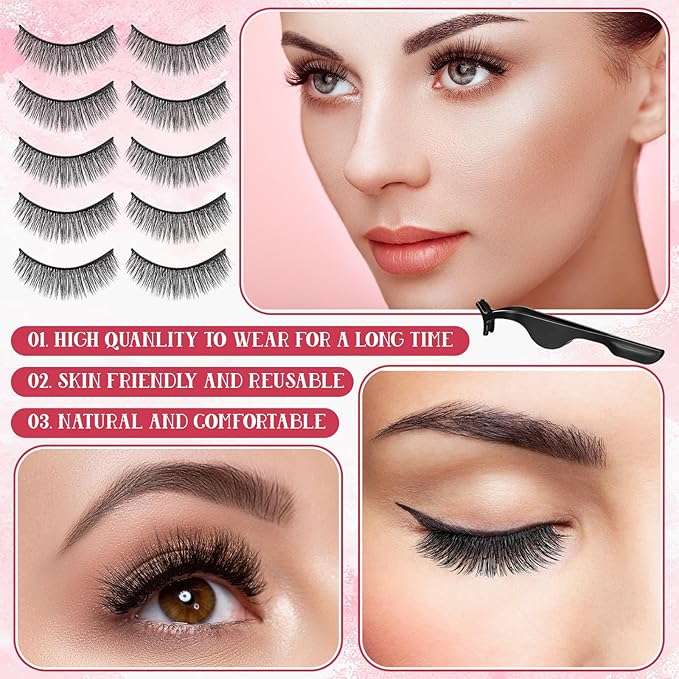 Nuogo 24 Pairs Reusable Self Adhesive Eyelashes No Glue Needed False Eyelashes Natural Look Easy to Apply Eye Lashes with Fake Eyelash Extension Applicator Tool (Thick Style,12 x 8 x 8 mm)