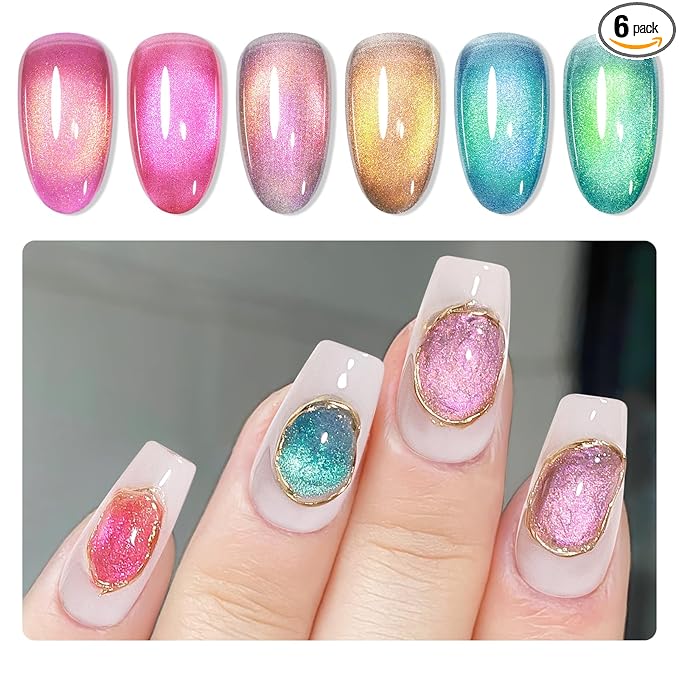 MIZHSE Cat Eye Gel Polish Set, 6 Colors Holographic Magnetic Gel Polish Set with Magnet Stick, Glitter Pink Green Blue Purple Magnetic French Nails Nail Polish Kit Gift Set for Women