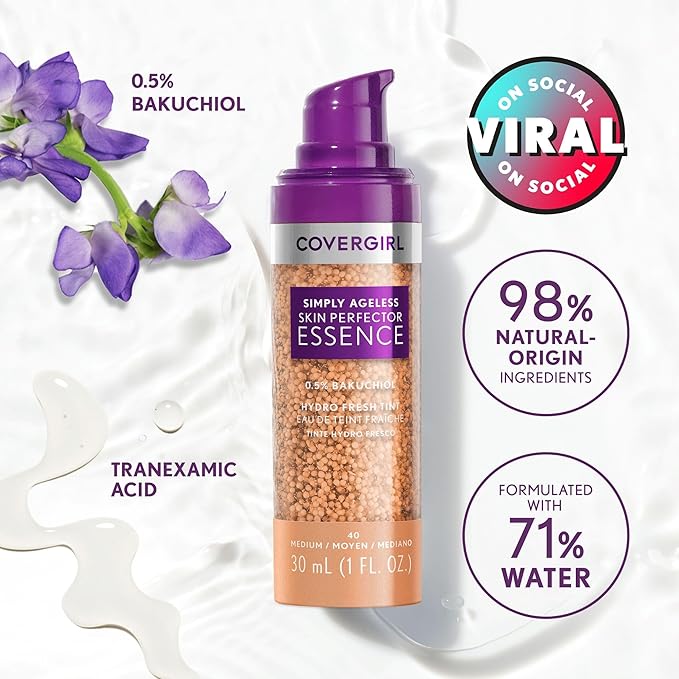 Covergirl Simply Ageless 40 Medium Foundation, Blending Brush - Skincare Makeup with Bakuchiol & Tranexamic Acid Reduces Fine Lines & Fades Dark Spots