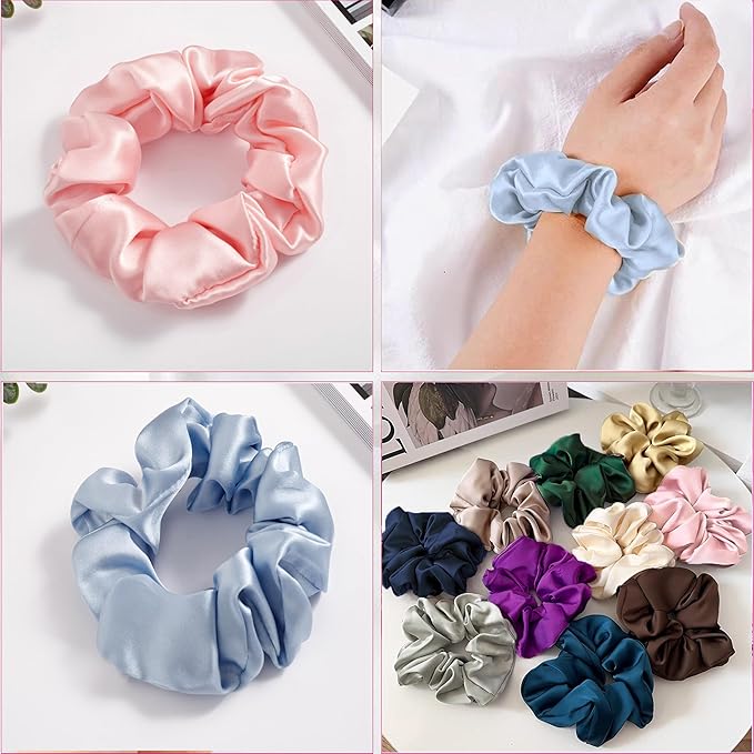 SALE!! Mulberry Silk Scrunchies and Hair Ties - 16 Momme Silk for Sleep, for Women with Curly, Thick, or Thin Hair (2, 12 Pink & Blue)