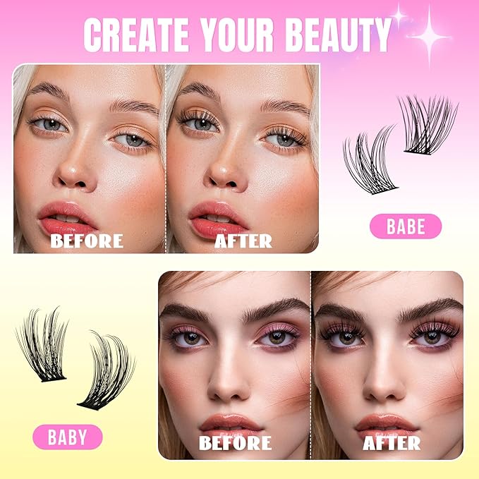 Lash Clusters Kit 144Pcs Individual Eyelash Extension Kit DIY Lash Kit with Lash Bond and Seal,Remover,Applicator,Eye Patches,Lash Brush&Lip Brush for Fake Eyelashes Clusters Kit (D-Mix10-16mm Kit)