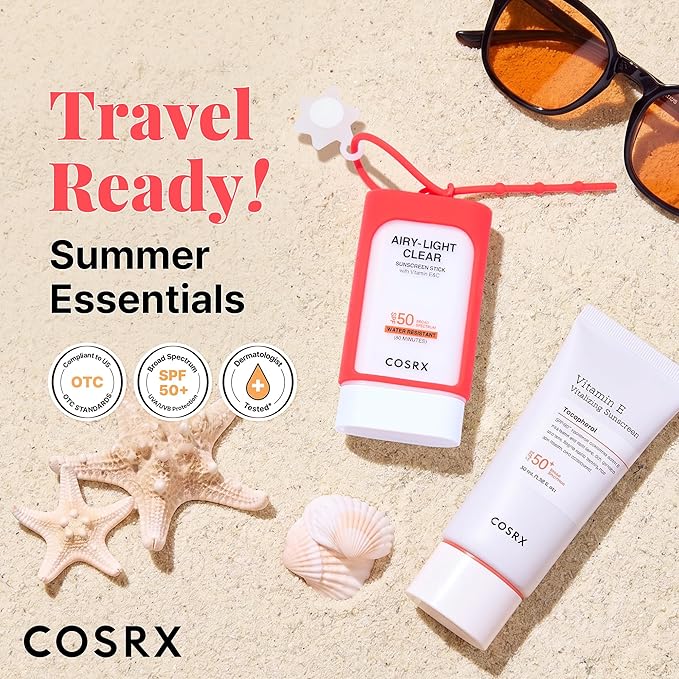 COSRX Vitamin E Sunscreen & Airy Light Clear Sunscreen Stick with Free Keyring, Amazon Exclusive, Korean Sunscreen, Beach Essentials, Summer Travel Essentials, Korean Skin Care Set