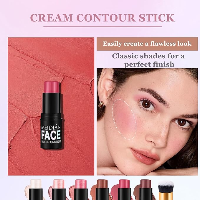 6Pcs Cream Contour Stick Makeup Kit with Makeup Brush,Shades with Highlighter,Brush Stick,Cream Bronzer for Sculpt the Cheeks,Long-lasting Waterproof Lightweight Contour Set