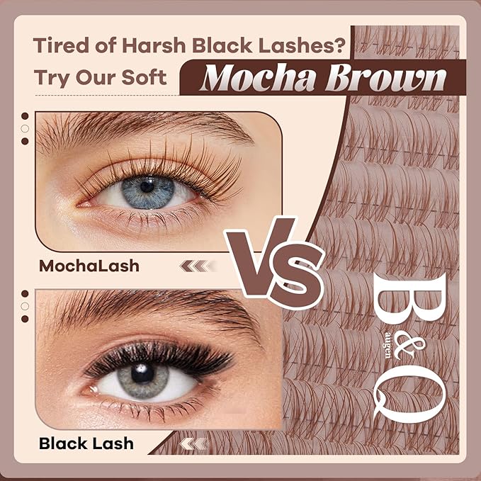 B&Q Brown Lash Clusters Kit Natural Mochalash Clusters 06, Wispy Eyelash Clusters Kit C-Curl Cluster Eyelash Extensions 8-16mm Brown Lash Eyelashes Kit for Fair/Dark Hair(Mochalash 06 Set)