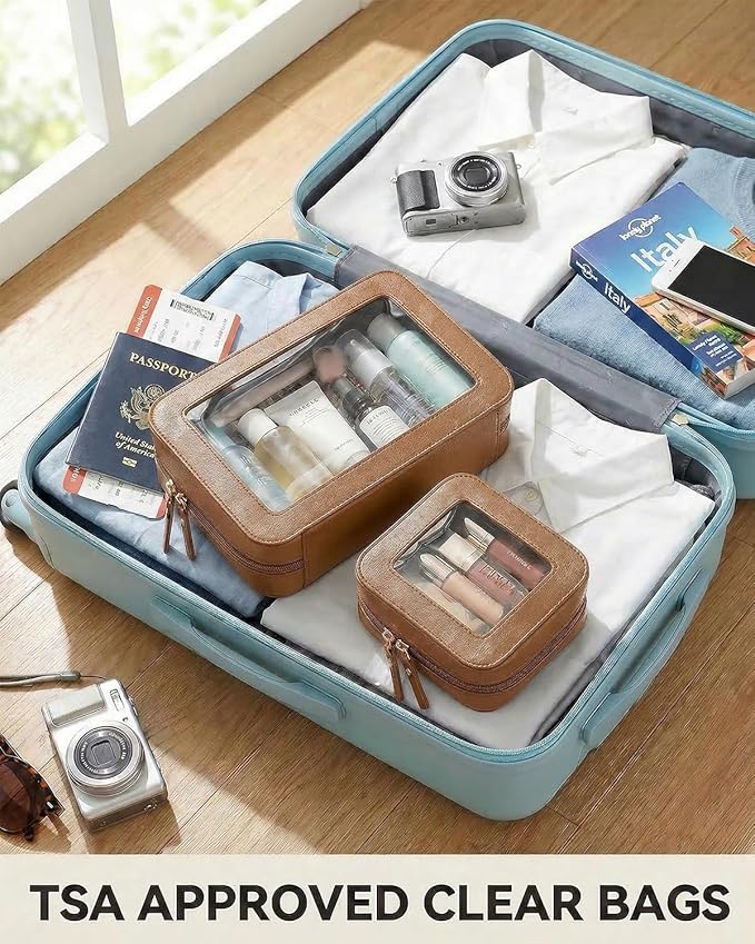 LETGO Clear Makeup Bag Organizer Set, Travel Toiletry Bag Cosmetic Case for Women, Portable Make up Skincare Pouch Car Organizer Bag with Zippers for Essentials (2Pack-Standard & Square, Brown)