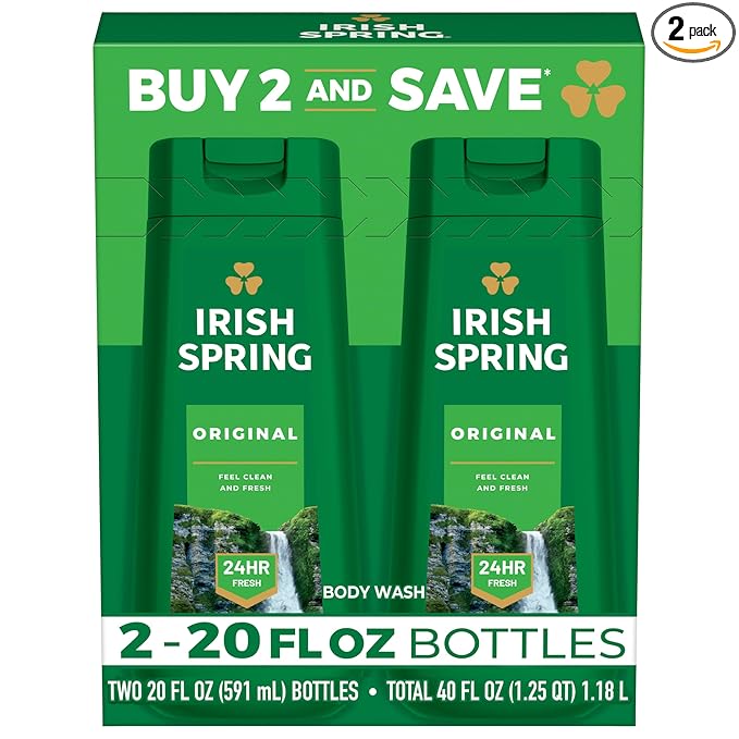 Irish Spring Original Moisturizing Body Wash for Men, 24-Hour Fresh, Face and Body Wash, Men’s Body Wash, Biodegradable Ingredients, Paraben Free, Cool Fresh Scent, 20 fl oz Bottle (2 Pack)