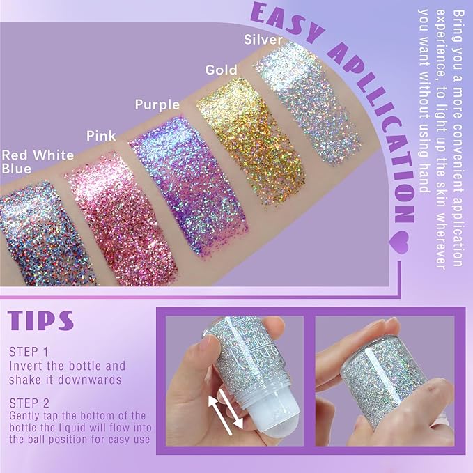 HOSAILY Roll-on Holographic Body Glitter Gel for Face Hair, Chameleon Color Changing Glitter Gel Under Light, Chunky Mermaid Sequins Festival Party Rave Accessories Shimmer Makeup (Silver)