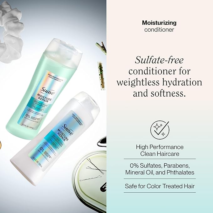 Suave Moisture Repair Conditioner, Sulfate-free, for restored moisture with every wash, safe for color treated hair, 12.6 oz Pack of 6