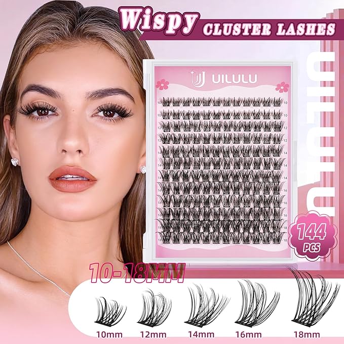 Uilulu Lash Clusters Kit for DIY Lash Extension at Home, False Eyelashes Set with Bond and Seal, Lash Remover, Tweezers, D Curl Wispy Individual Clusters Eye Lash Extensions Kit (U22 Kit)