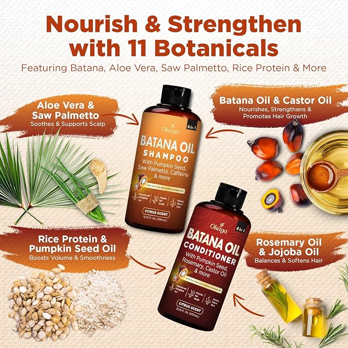 Batana Oil Shampoo & Conditioner Bundle, Aloe Vera Leaf Juice, Saw Palmetto, Caffeine, Biotin, Jojoba, Pumpkin Seed, Castor, Rosemary & Hydrolyzed Rice Protein, 10.15 fl oz Citrus Scent, 3 Pack