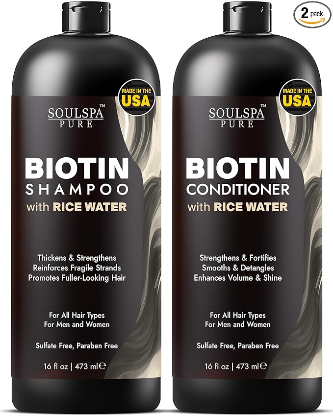 SOULSPA PURE Biotin Rice Water Shampoo and Conditioner Set - Thickening Formula with Rice Protein & Keratin - Strengthening Hair Care for Thinning Hair - Made in USA - 16 fl oz Each