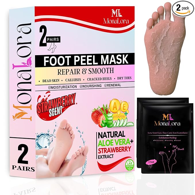 Foot Peel Mask for Dry, Cracked Heels – Exfoliating Callus Remover with Natural Fruit Extracts – Baby Soft Feet in 1 Week – 2 Packs | Strawberry Scent