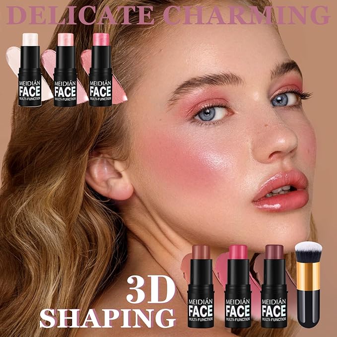 6Pcs Cream Contour Stick Makeup Kit with Makeup Brush,Shades with Highlighter,Brush Stick,Cream Bronzer for Sculpt the Cheeks,Long-lasting Waterproof Lightweight Contour Set
