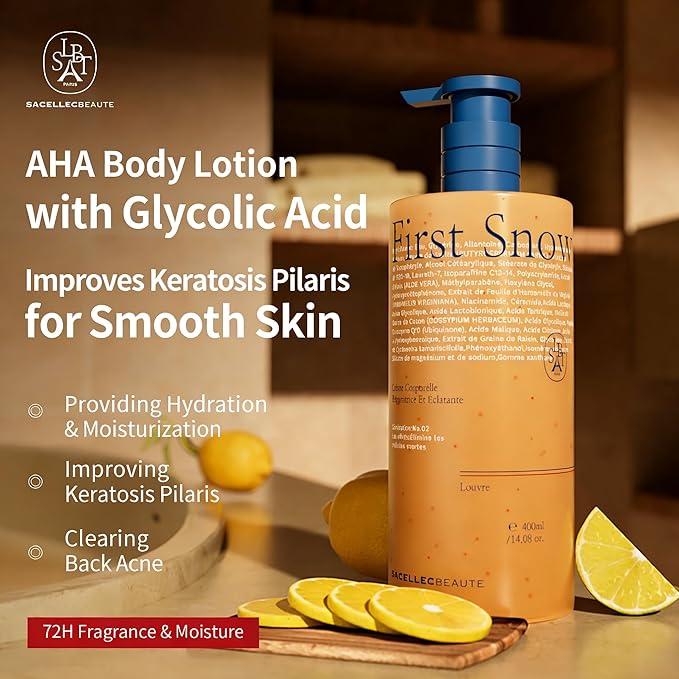 Advanced AHA Body Lotion 12% Glycolic Acid Treats Back Acne, Keratosis Pilaris & Dryness - With Glycolic, Lactic, Citric Acids - Exfoliating Moisturizer with Long Lasting Perfumed Experience,14 Oz