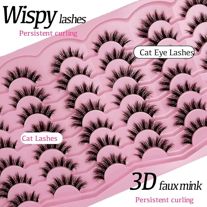 Wispy Lashes Cat Eye 16mm Short False Eyelashes Natural Look Clear Band Natural C Curl Strip Lashes Pack