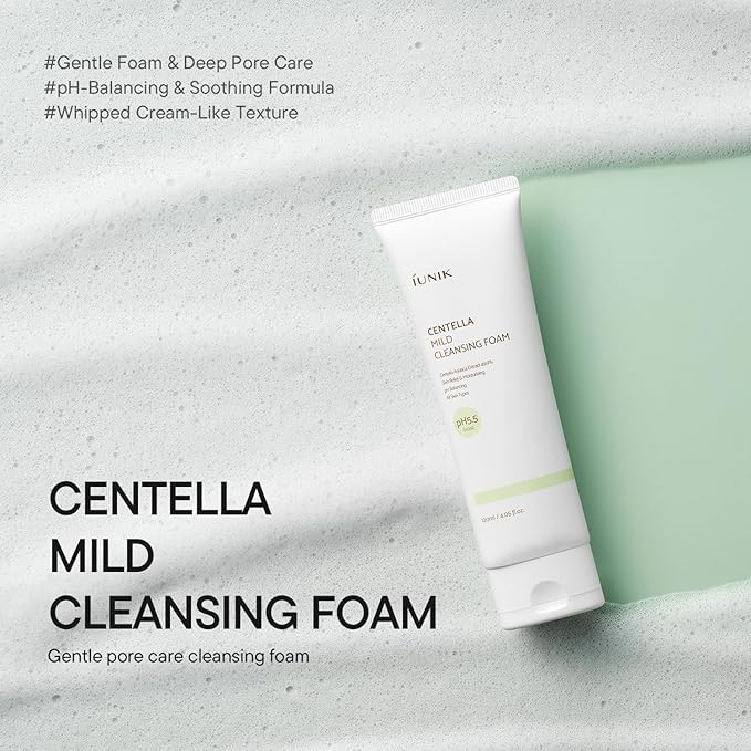 IUNIK Centella Mild Cleansing Foam – Centella Asiatica & BHA pH-Balancing Gentle Facial Cleanser for Soothing & Moisture Care, Korean Skincare for Oily, Dry & Sensitive Skin, 120ml / 4.05 fl oz