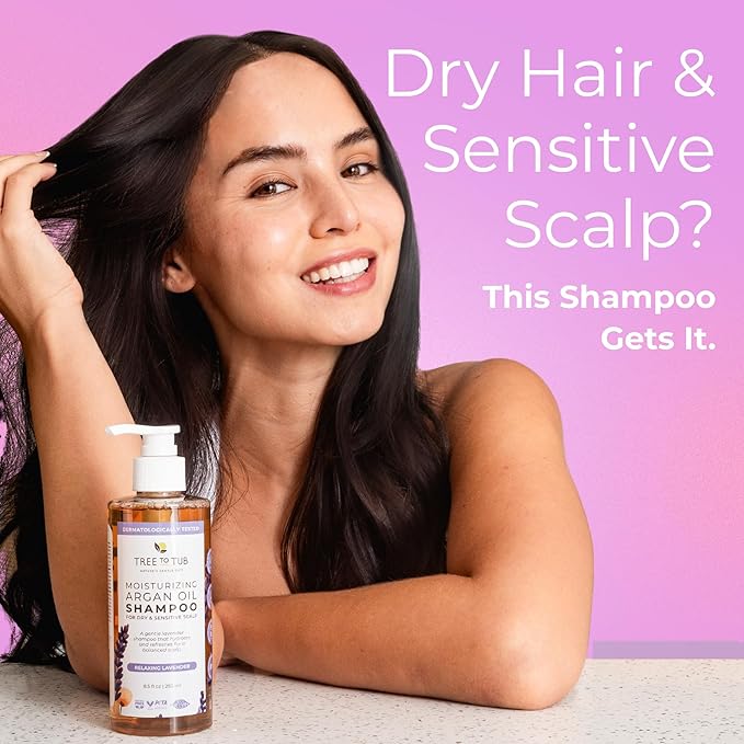 Tree To Tub Lavender Dry Hair Shampoo for Sensitive Scalp - Gentle Hydrating Dry Scalp Shampoo for Women & Men, Moisturizing Sulfate Free Shampoo w/Organic Argan Oil, Chamomile, All Natural Aloe Vera