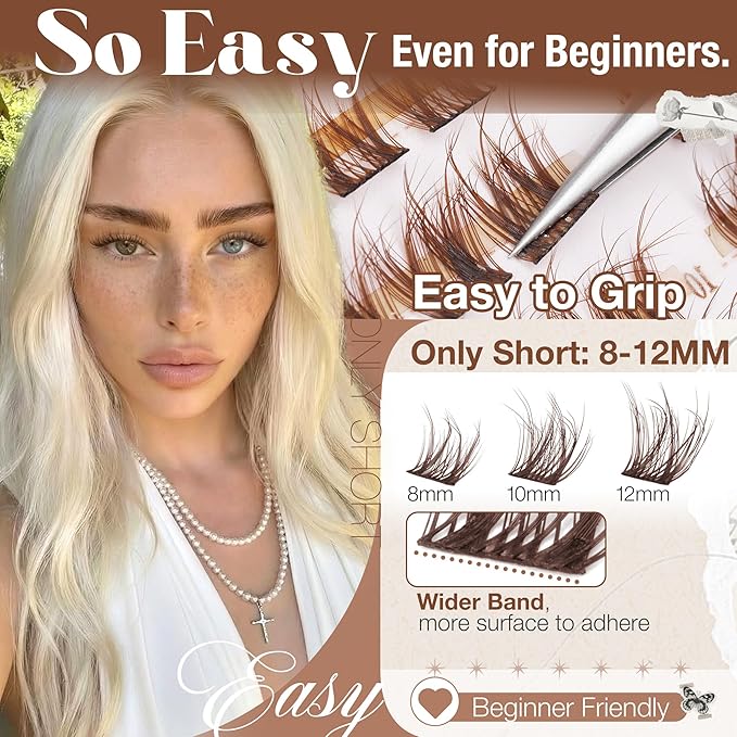 8-10-12MM Brown Lash Clusters Short Eyelash Clusters Wispy Fluffy Cluster Lashes Extensions Dark Brown Natural Cluster Eyelash Extensions C Curve DIY Lash Pack