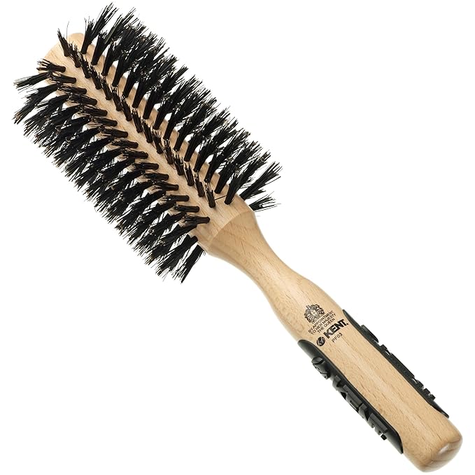 Kent PF03 Round Boar Bristle Hair Brush with Nylon Bristle Mix, Round HairBrush for Blow Drying and Blowout, for Shoulder Length or Short Hair, Rubber Antifatigue Handle