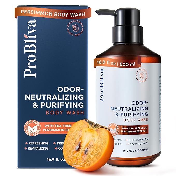 ProBliva Persimmon Body Wash & Soap for Aging Odor: Purifying & Odor-Neutralizing (500mL) for Older People Smell with Tea Tree Oil & Green Tea - Japanese Deodorizing & Eliminator for Adults & Seniors