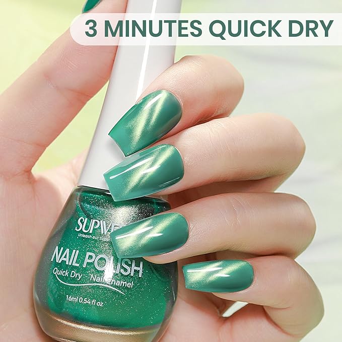 Green Cateye Nail Polish Non Gel, Magnetic Nail Polish Lacquer Quick Dry Effect with Magnet Air Fast Dry Manicure DIY Salon 16ml/0.54 oz