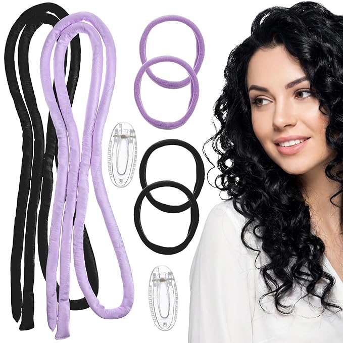 2 Sets Small Heatless Curling Rod, 160 CM Long Heatless Curlers for Long Hair with 4 hair clips and 4 hair ties, Over Night Heatless Curl Rod for Women and Girls(Black, Purple)