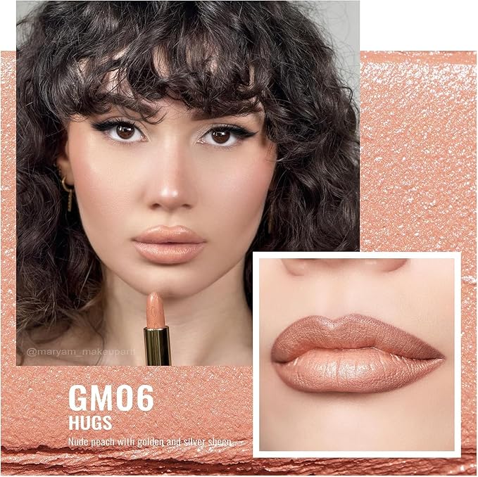 Oulac Matte Nude Peach Lipstick with Glow Metallic Finish - Vegan Lipstick for Women, Creamy Texture, Hydrating Clean Beauty Formula, High-End Magnetic Hook Design, GM06 Hugs