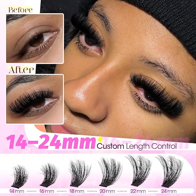 Mega Volume Lash Clusters 14-24mm Fluffy Wispy Cluster Eyelash Extensions D Curl Individual Lashes Dramatic Thick Cluster Lashes DIY Lash Extensions for Baddie Makeup by Yawamica