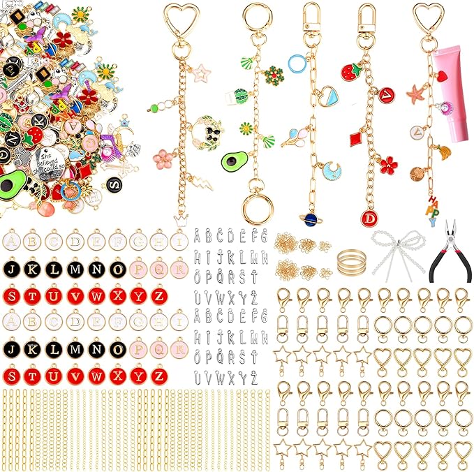 DRHWEFSQ 648Pcs Lip Gloss Keychain Making Kit, DIY Jewelry Supplies with 236 Charms, 50 Extender Chains, 60 Clips, 300 Jump Rings & Plier for Custom Keychains, Bags, Handmade Gifts