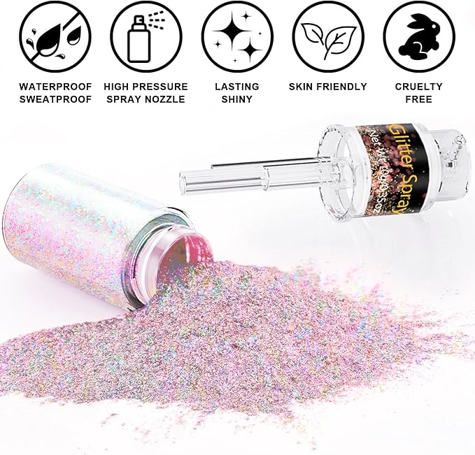 Hair and Body Glitter Spray, Glitter Hairspray Dry Powder Makeup for Clothes, Festival Rave Prom Loose Sparkle Powder,Holographic Ultra Fine Resin Glitters for Crafts (Pastel)