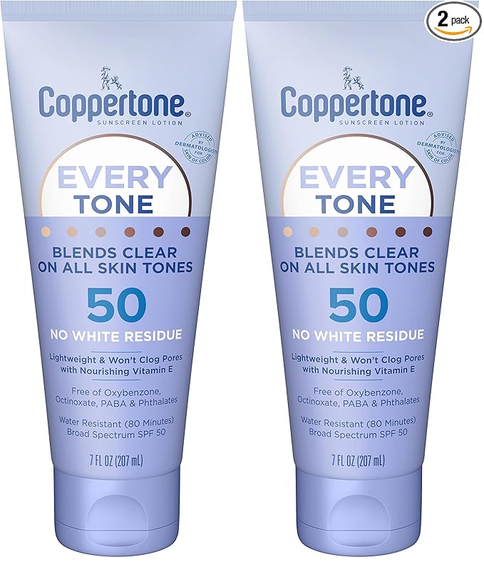 Coppertone Every Tone Sunscreen Lotion SPF 50, Lightweight, Rubs on Clear Sunscreen for All Skin Tones, Formulated with Nourishing Vitamin E, 7 Fl Oz Tube (Pack of 2)