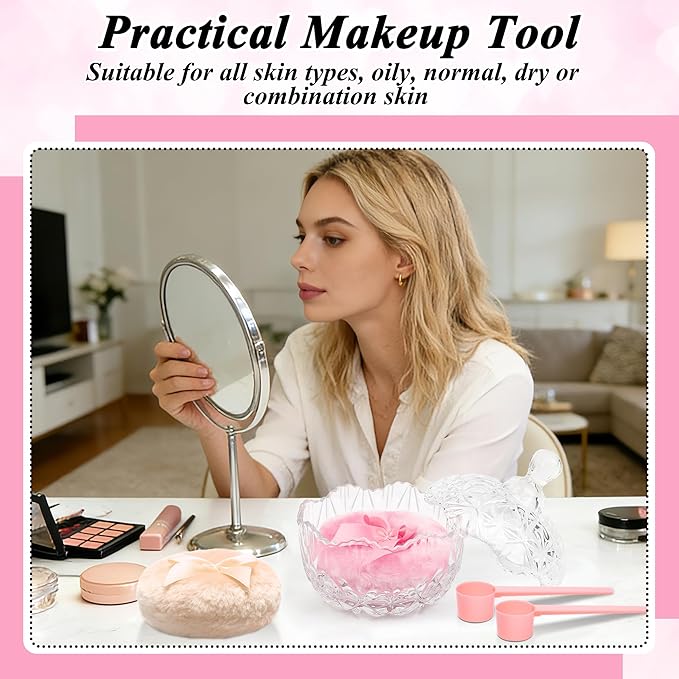 5 Pcs Large Body Powder Puff and Container Set, Anglecai 4 Inch Crystal Powder Puff Container for Body Powder Puff Dish with 2P Powder Puffs and 2P Spoon