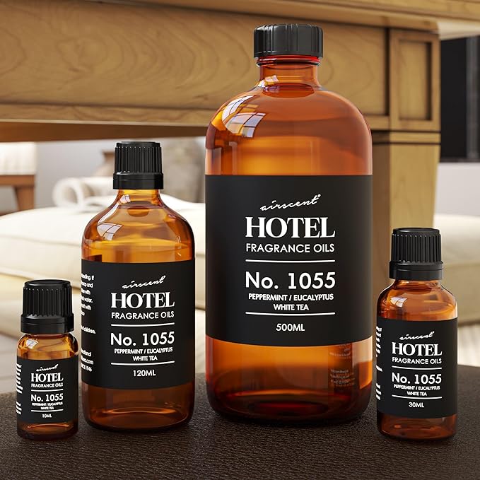 AirScent Hotel Diffuser Oil No. 1055 - Peppermint Eucalyptus White Tea - Premium Fragrance Oil for Ultrasonic and Waterless Diffusers and Crafting - 30 mL, 1 fl oz Glass Dropper Bottle