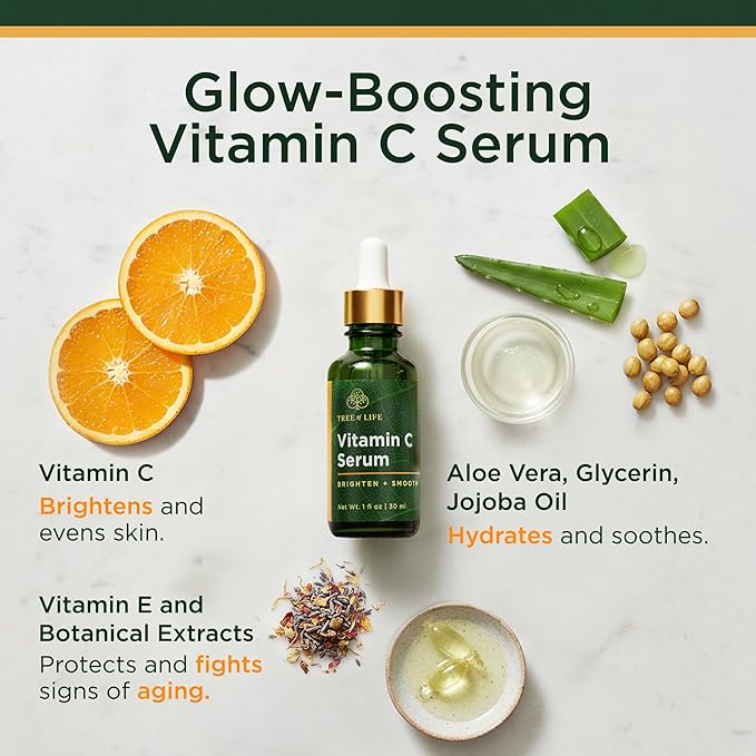 Tree of Life Vitamin C Serum For Face - Brightening Face Oil for Dark & Age Spots - For Dry & Sensitive Skin with Vitamin E for Soft Smooth Glow - Dermatologist Tested, 1 Fl Oz