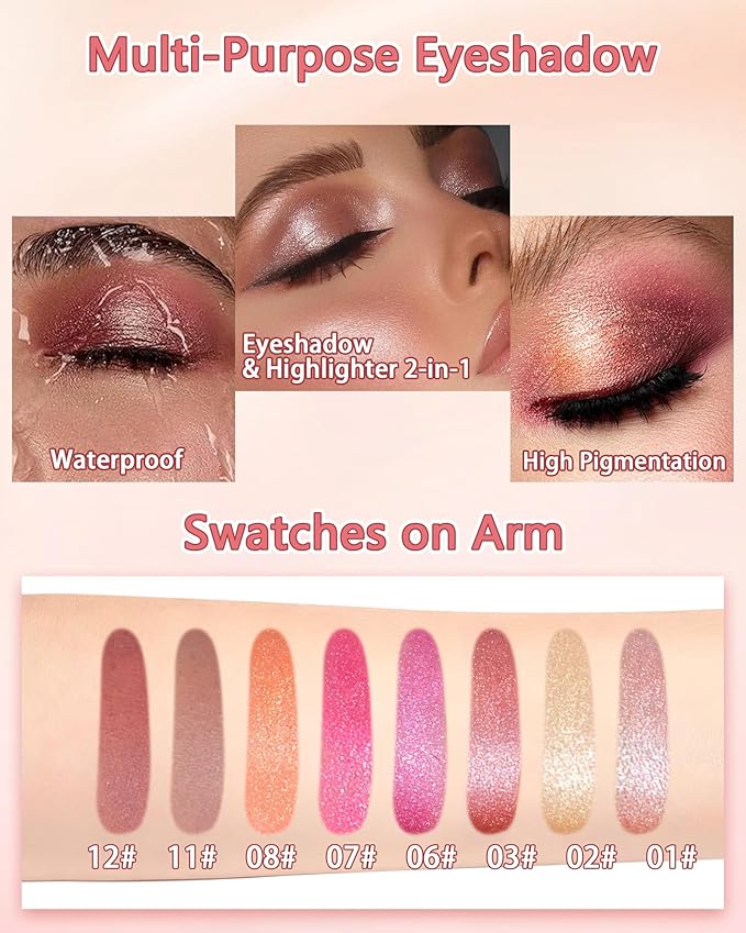Sparkle Single Eyeshadow Cream, Rose Pink Glitter Highly Pigmented Eye Shadow, Long-Lasting Blendable Shimmer Eyeshadow, Lightweight Eye Shadow Makeup Palette Christmas Party Gift for Women Girls-07