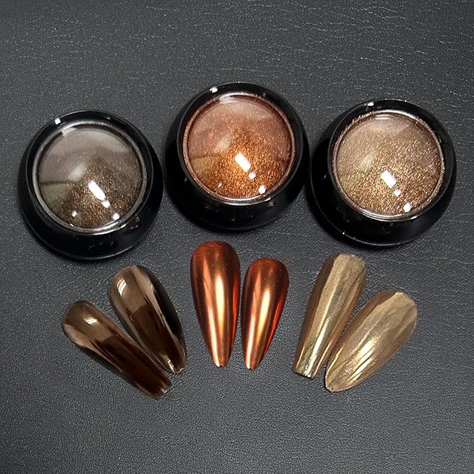 3 Jars Brown Chrome Nail Powder Kit Metallic Mirror Effect Copper Nail Art Chrome Powder for Nails Gel Set