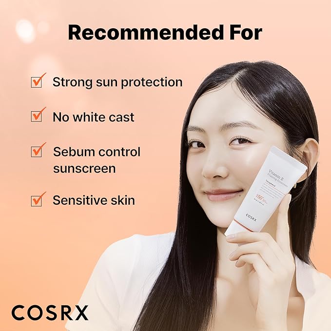 COSRX Vitamin E Vitalizing Sunscreen SPF 50, Natural Glow Face Sunscreen, Lightweight, Non-Sticky, No White Cast, Hydrating, Beach Essentials, Summer Travel Essentials, Korean Skincare,1.69 fl oz